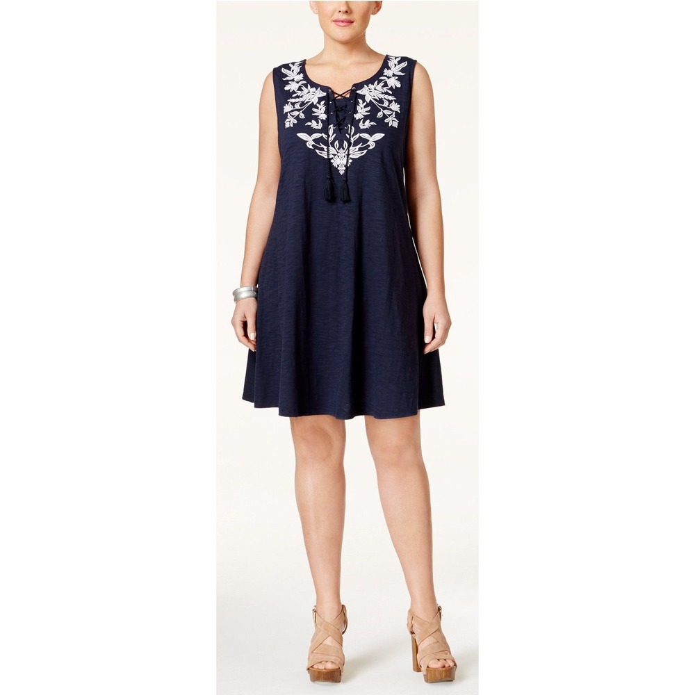 Style & Co Sleeveless Dress Women Medium Navy EUC Embroidered Lace-Up Boho